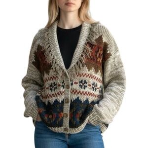 Vintage 90s Southwest Shaker Cardigan Sweater Fringe Collar